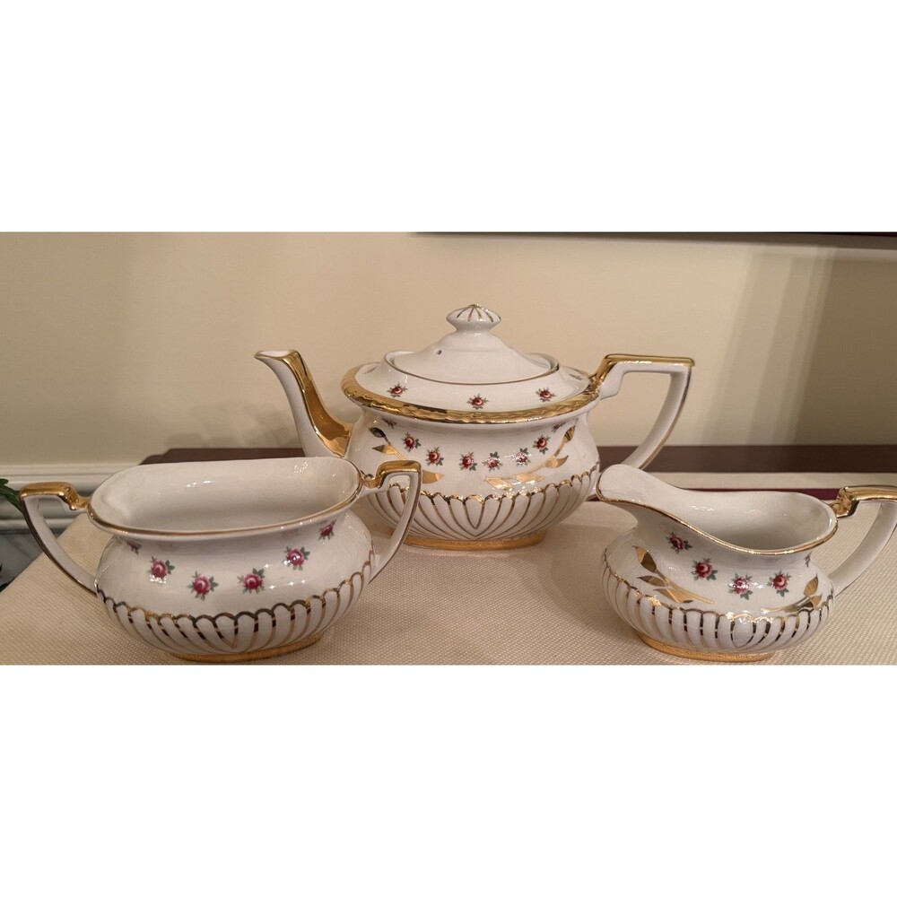 Vintage Gibsons Staffordshire Porcelain Tea Set Pink Rosebuds Motif Gold Trim